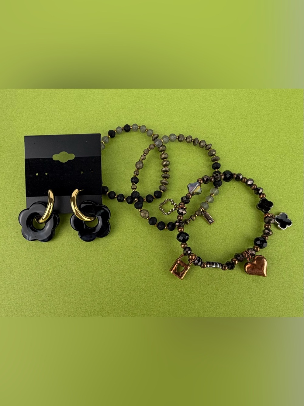 Black & Gold Bundle: Floral Hoop Earrings, Beaded Stretch Charm Bracelet Stack